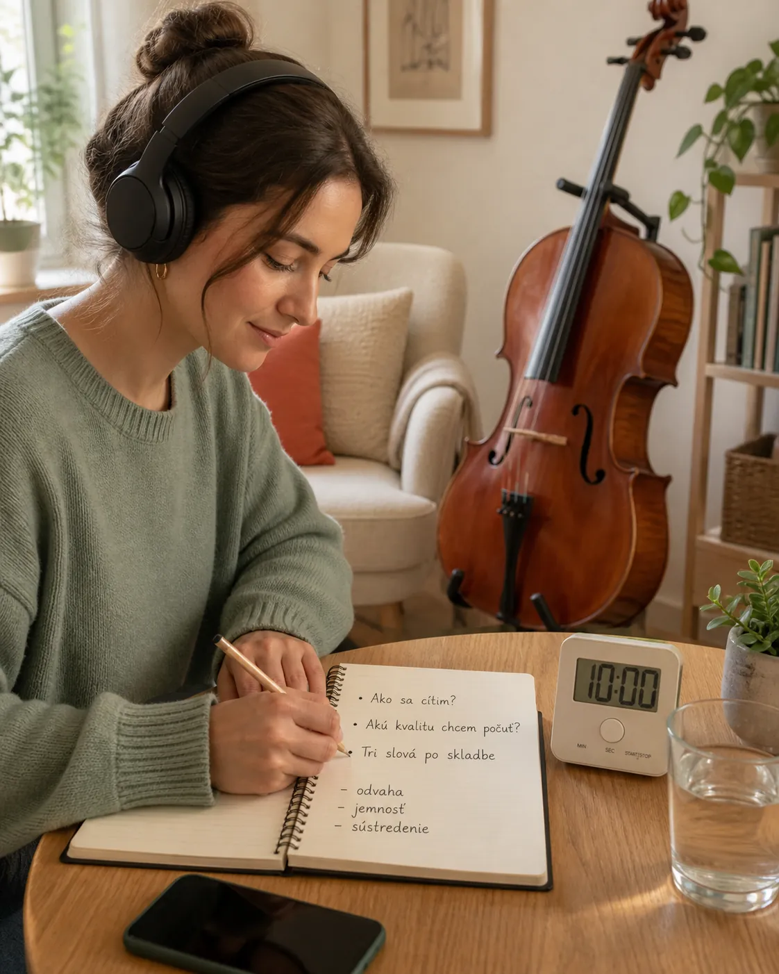 person creating a personal music reflection journal beside a cello
