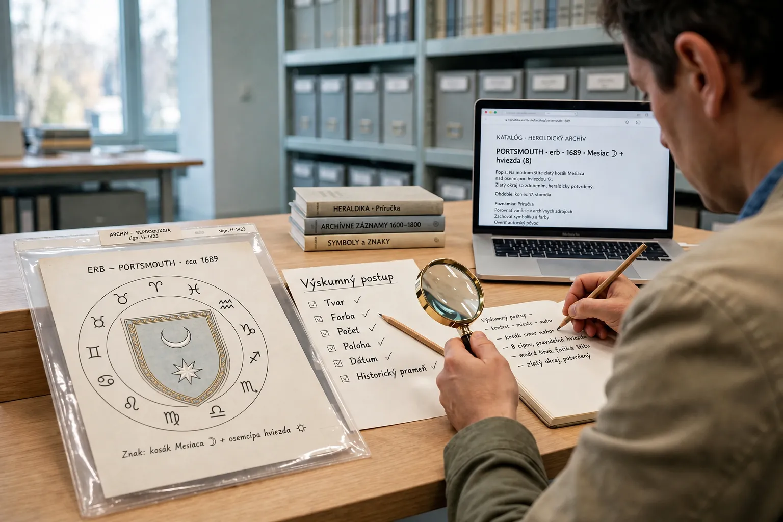 researching a historic coat of arms in an archive
