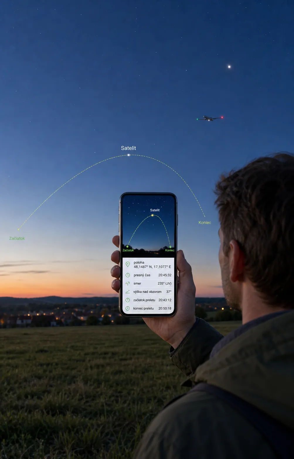 smartphone satellite tracking beneath a clear evening sky