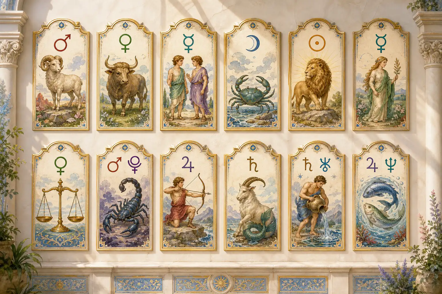 astrologická mapa s farebne vyznačenými znameniami a ich planetárnymi vládcami
