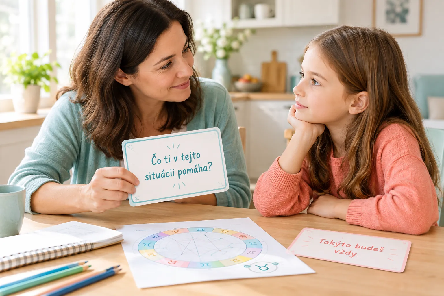 parent and child discussing a colorful birth chart at a table