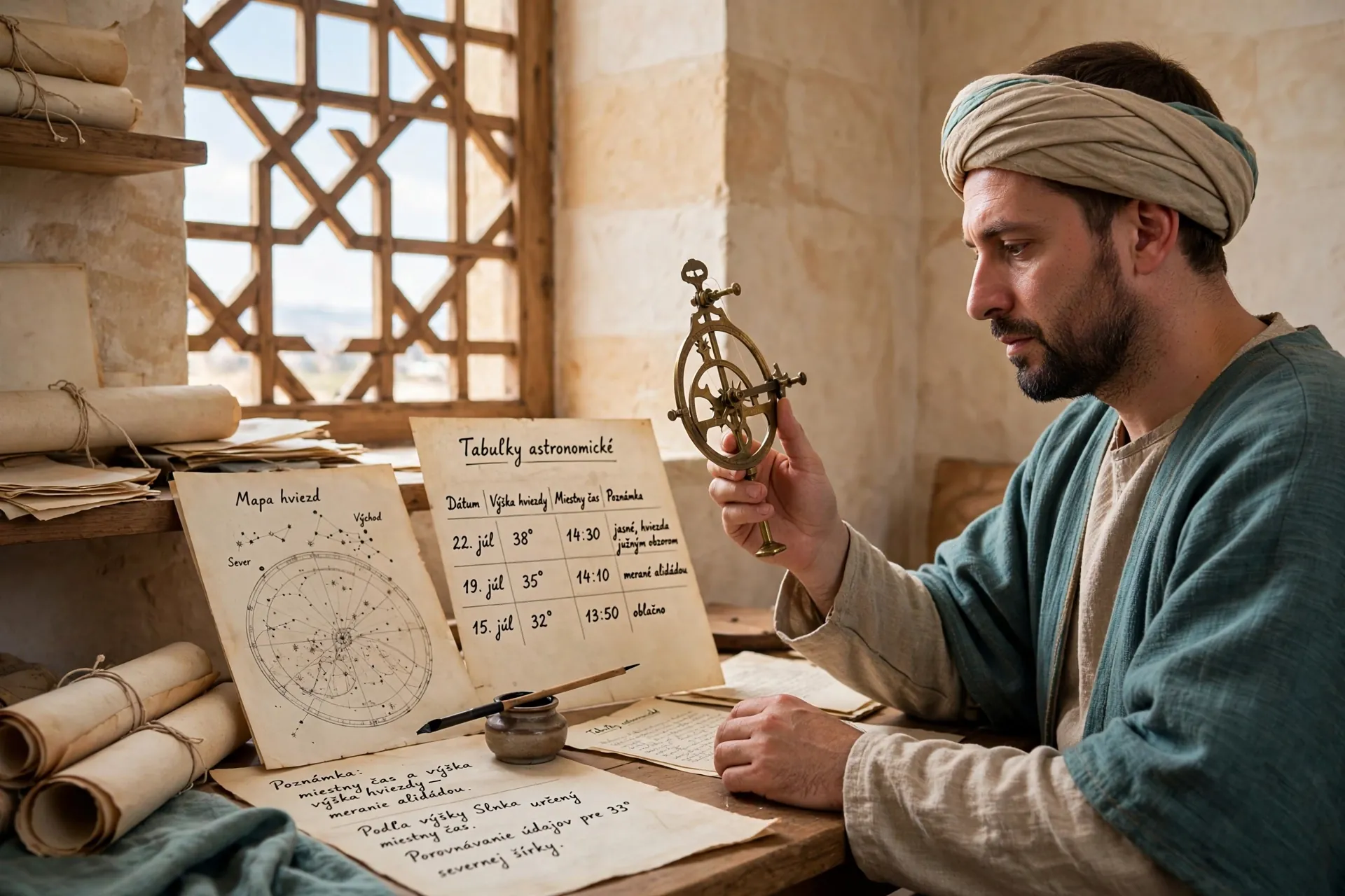 scholar using an astrolabe in a bright medieval study