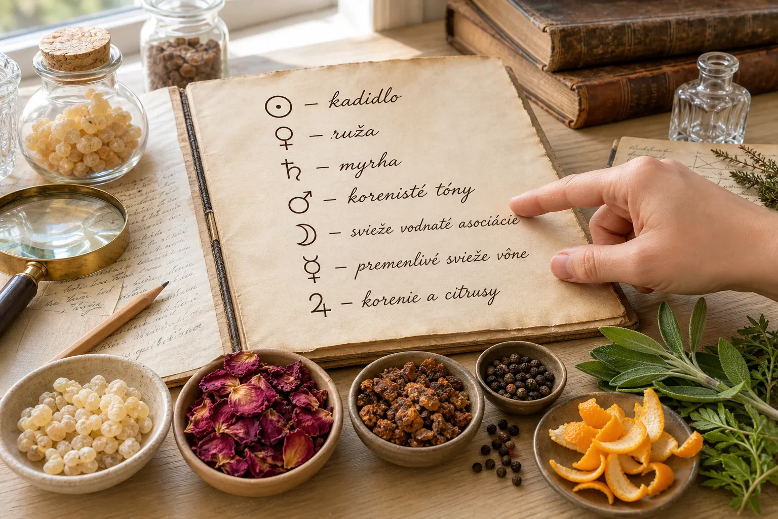 historical planetary incense ingredients on a bright study table