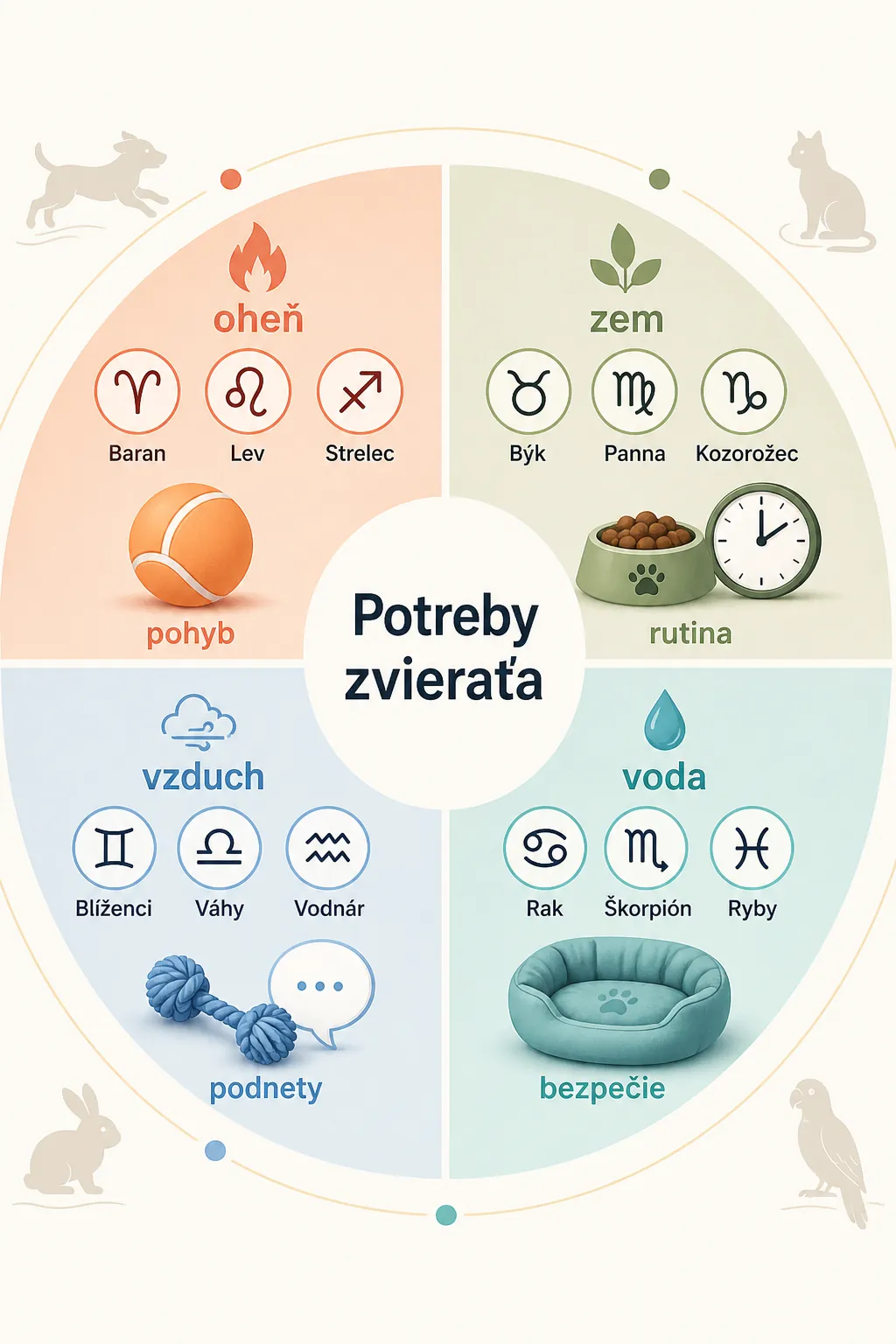 bright editorial infographic of four astrological elements and pet needs