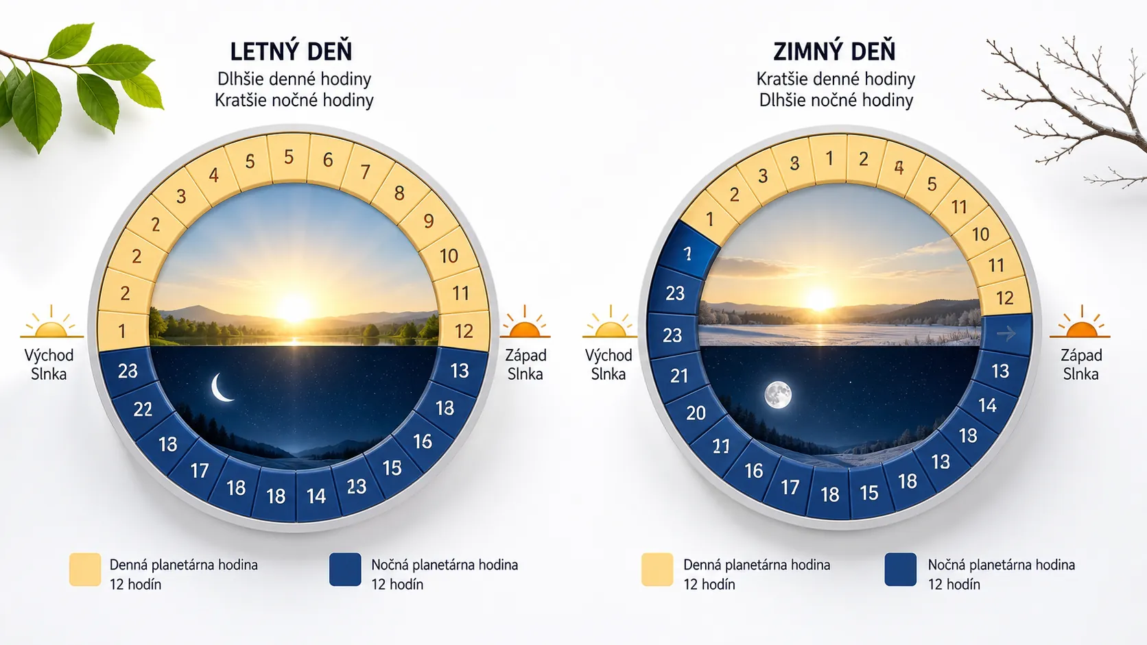 bright editorial infographic showing variable day and night planetary hours