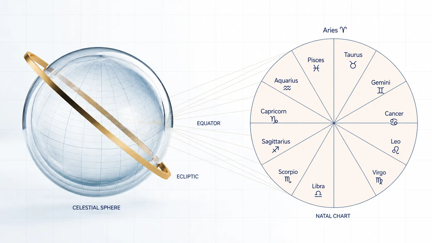 three-dimensional celestial sphere and circular birth chart projection