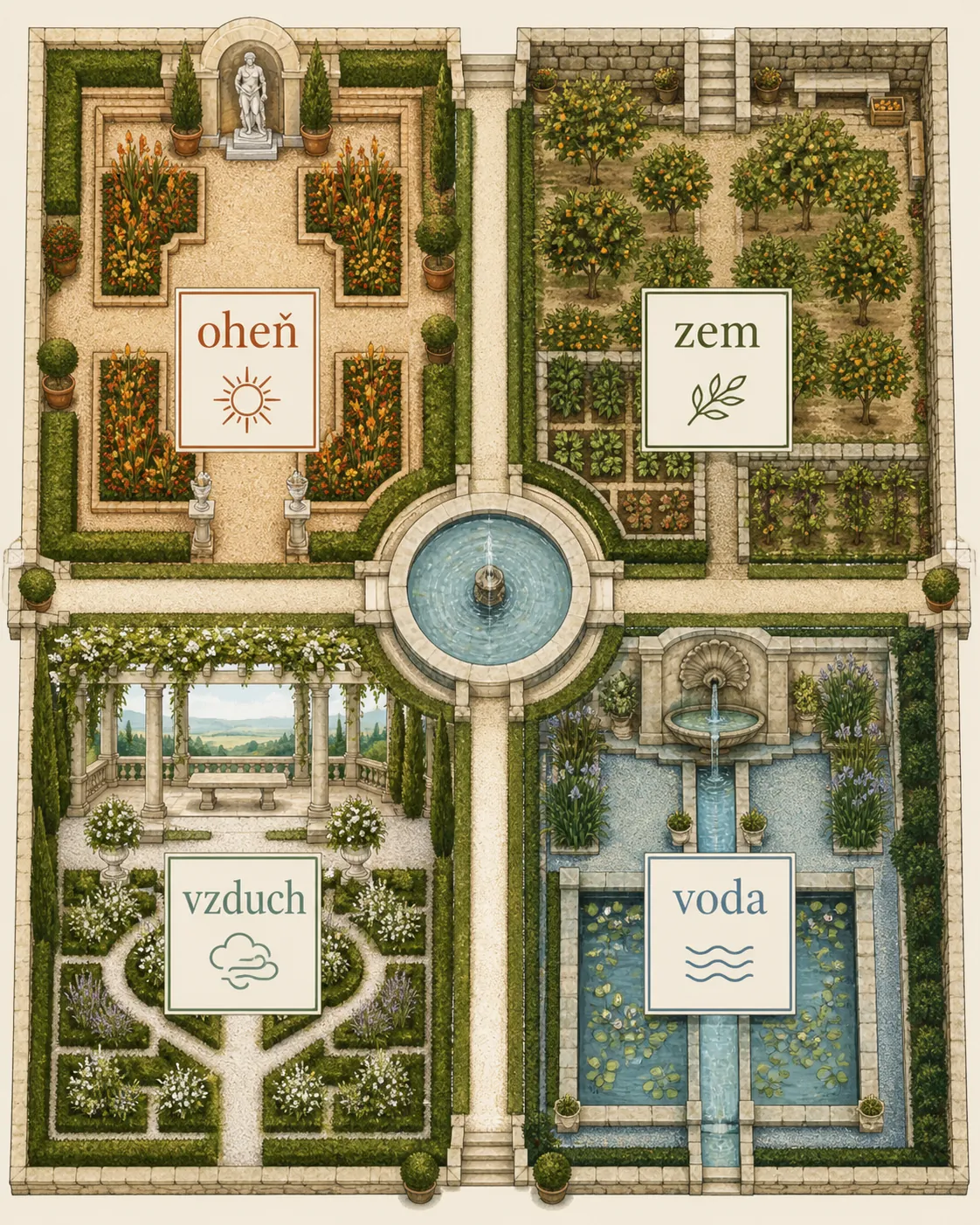 four elements in a Renaissance garden plan