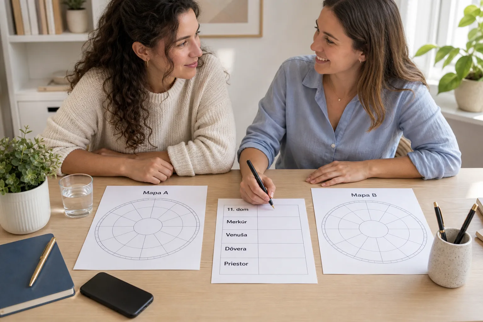 two friends comparing natal charts in daylight