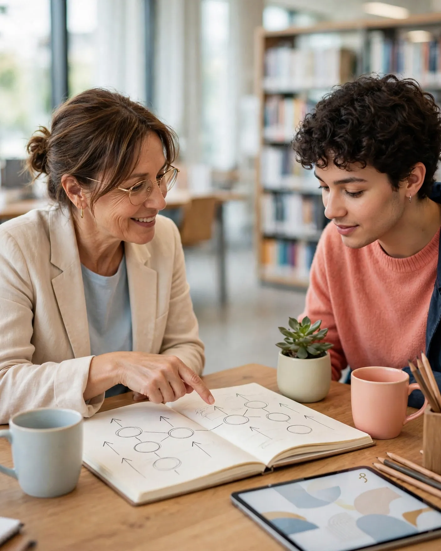 mentor guiding a young professional in a bright library