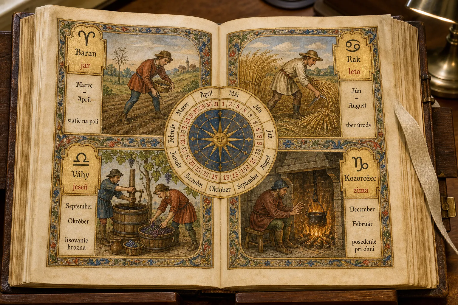 medieval calendar manuscript with zodiac signs and seasonal work