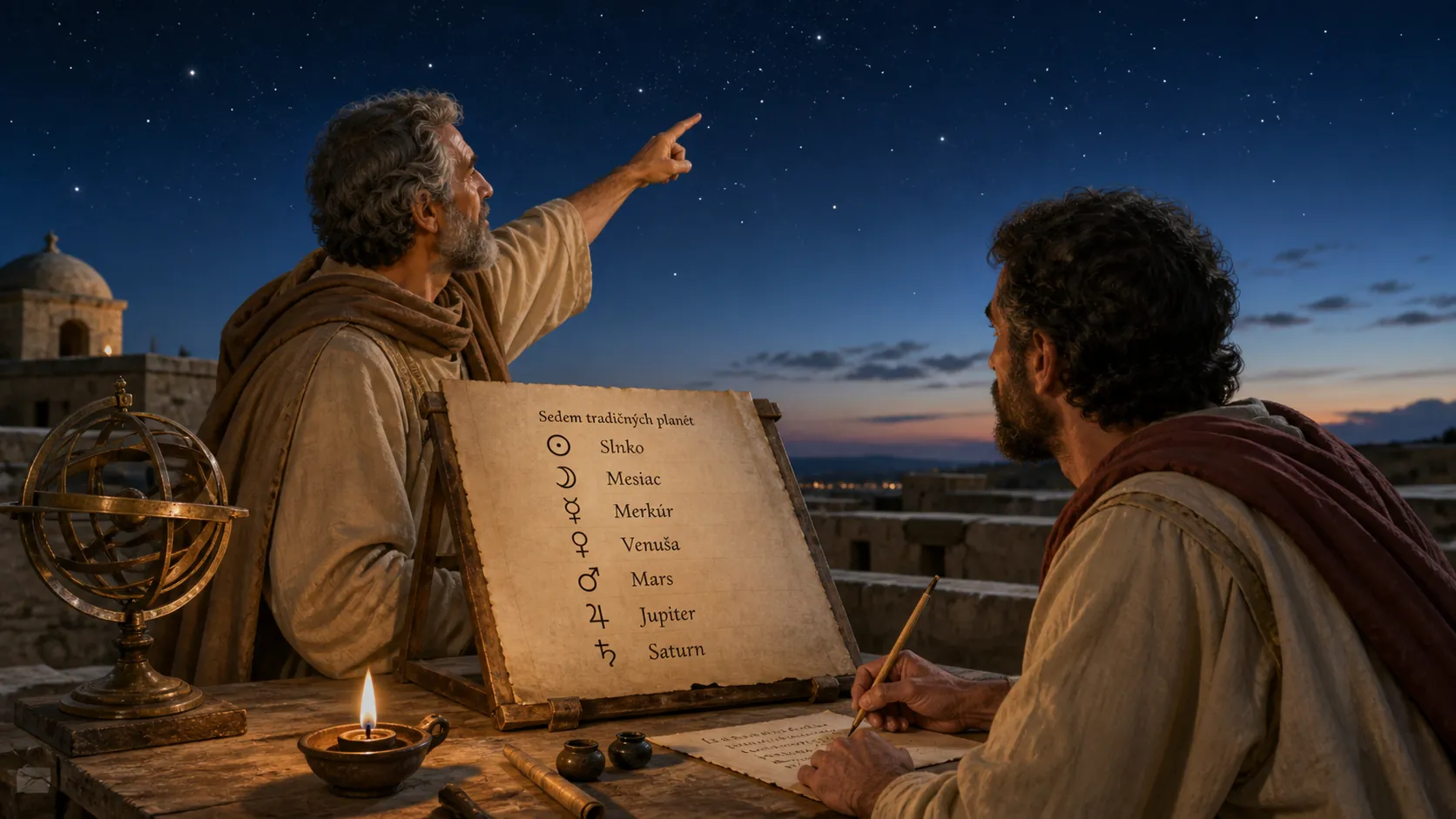 ancient astronomers observing seven traditional planets