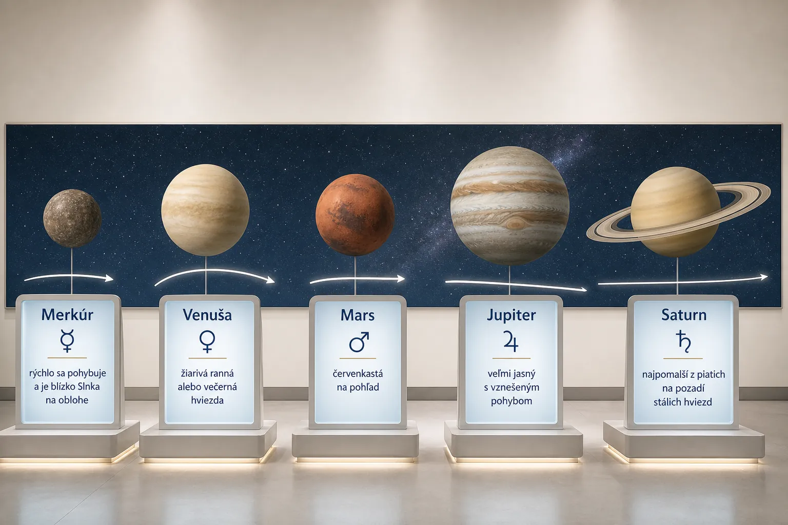 five classical planets with their observed movement brightness and color
