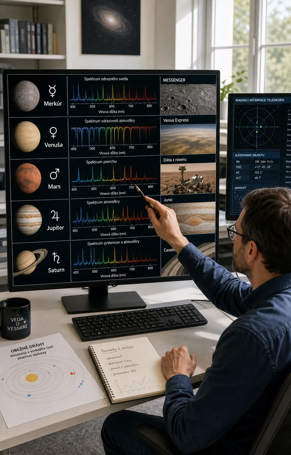 astronomer analysing the spectra and surfaces of the five planets