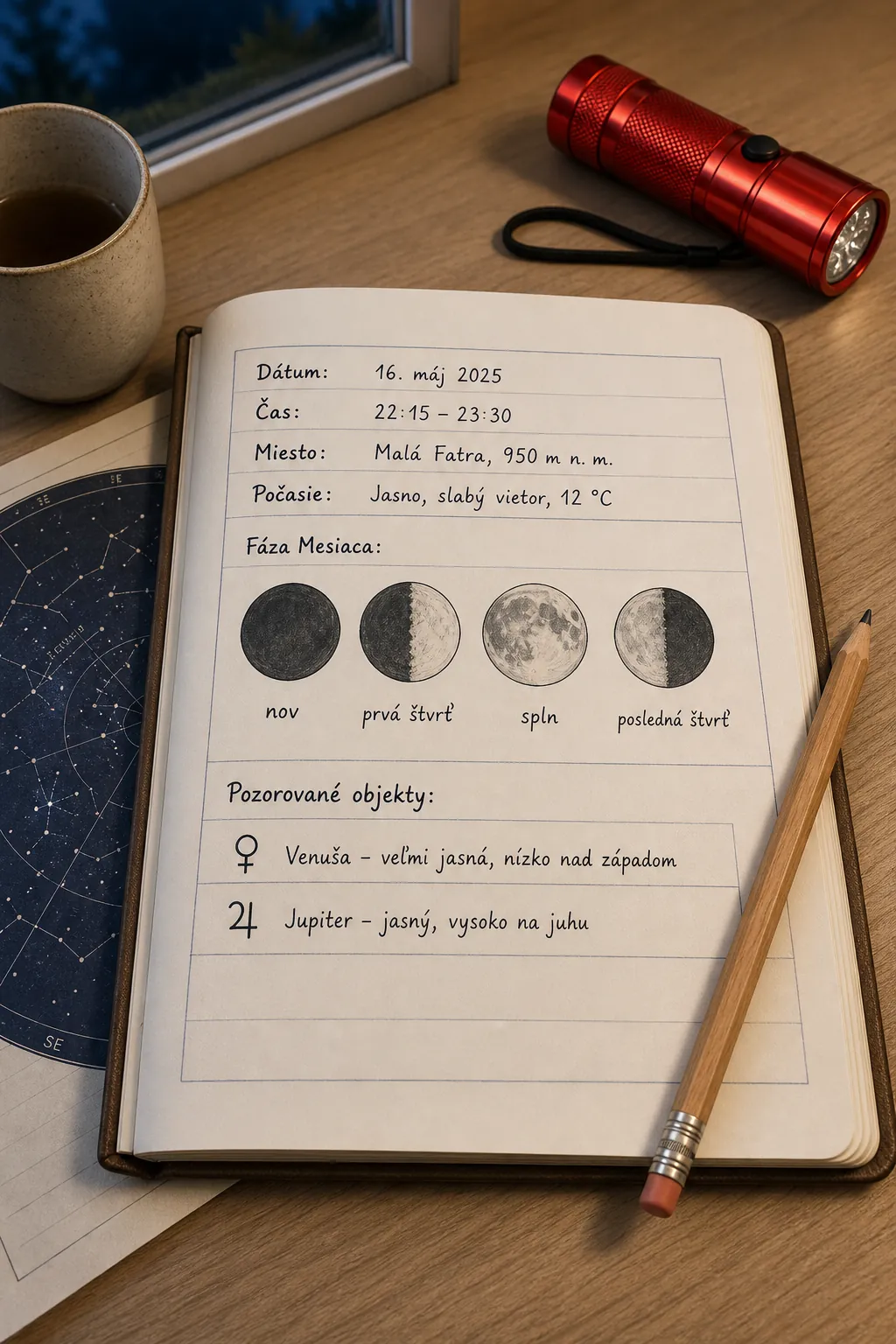 night sky observation journal with lunar phases