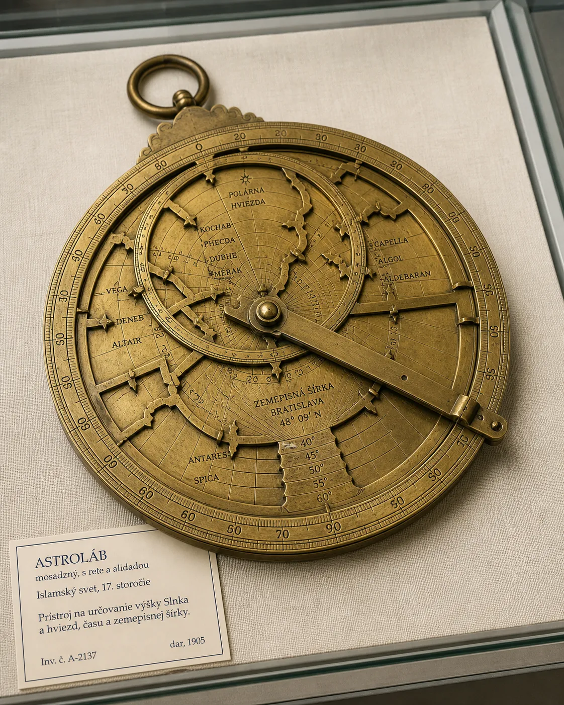 historic brass astrolabe displayed with readable measurement details