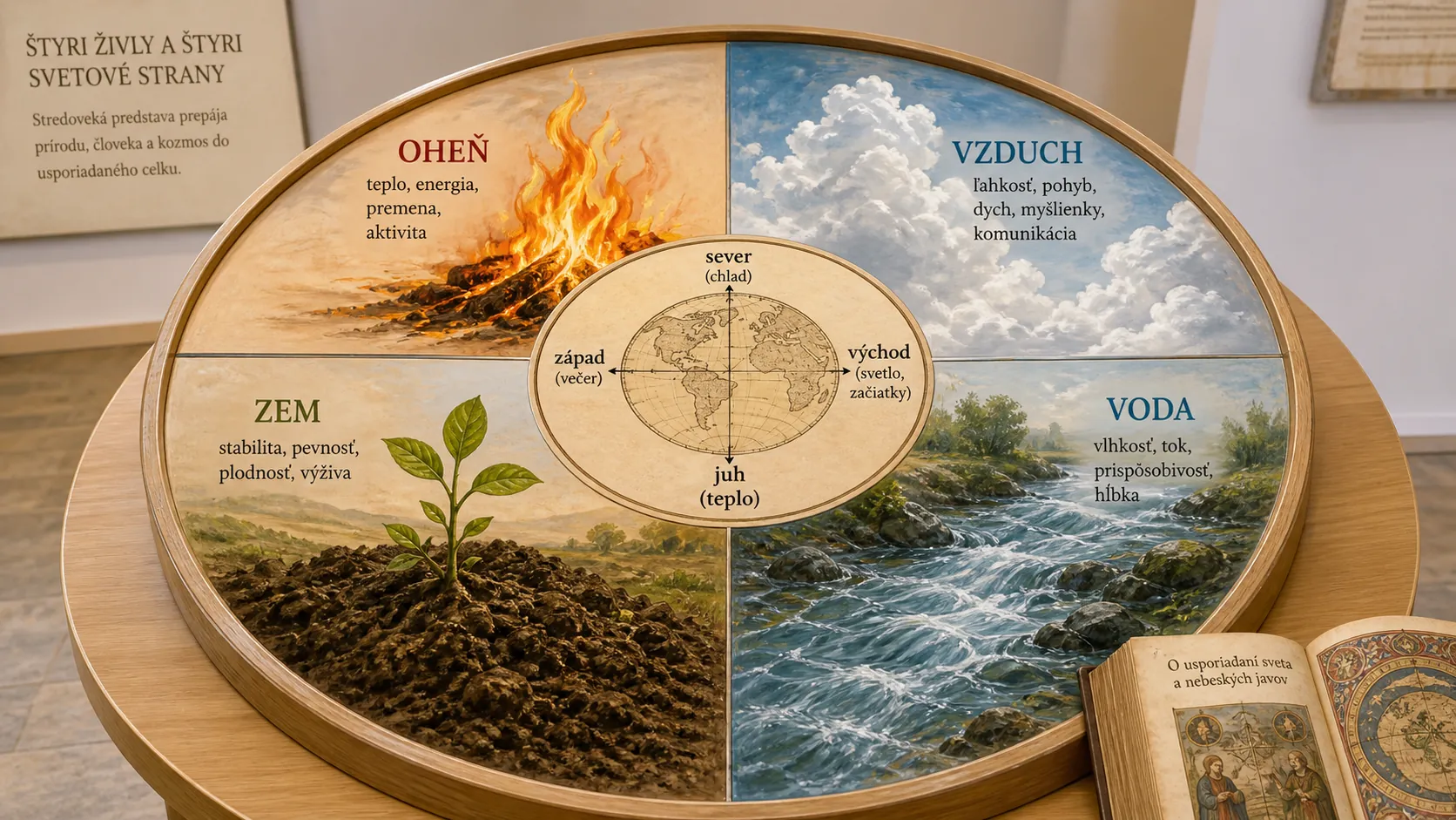 four elements and cardinal directions in a bright medieval cosmology infographic