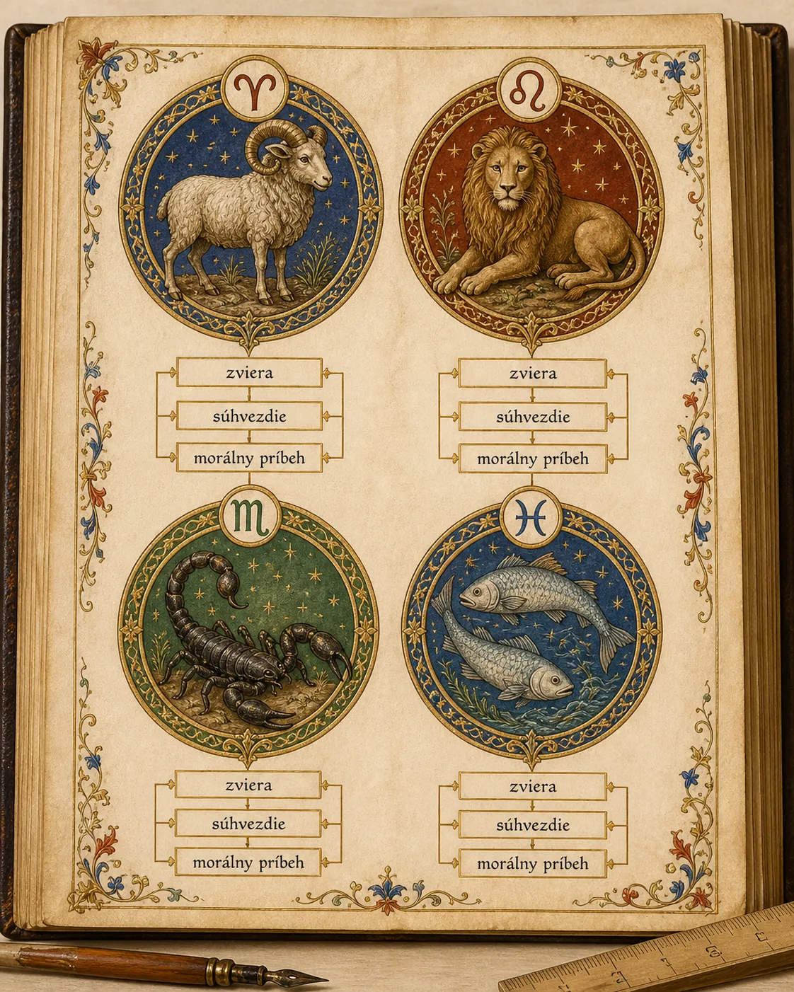 medieval bestiary manuscript with zodiac animals