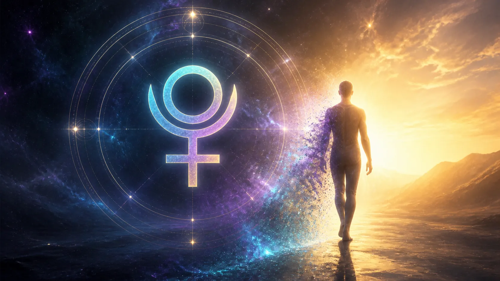 svetlý astrologický kruh s výrazným symbolom Pluta, ľudská silueta vystupujúca z tieňa do zlatého svetla, jemné tyrkysové a fialové tóny