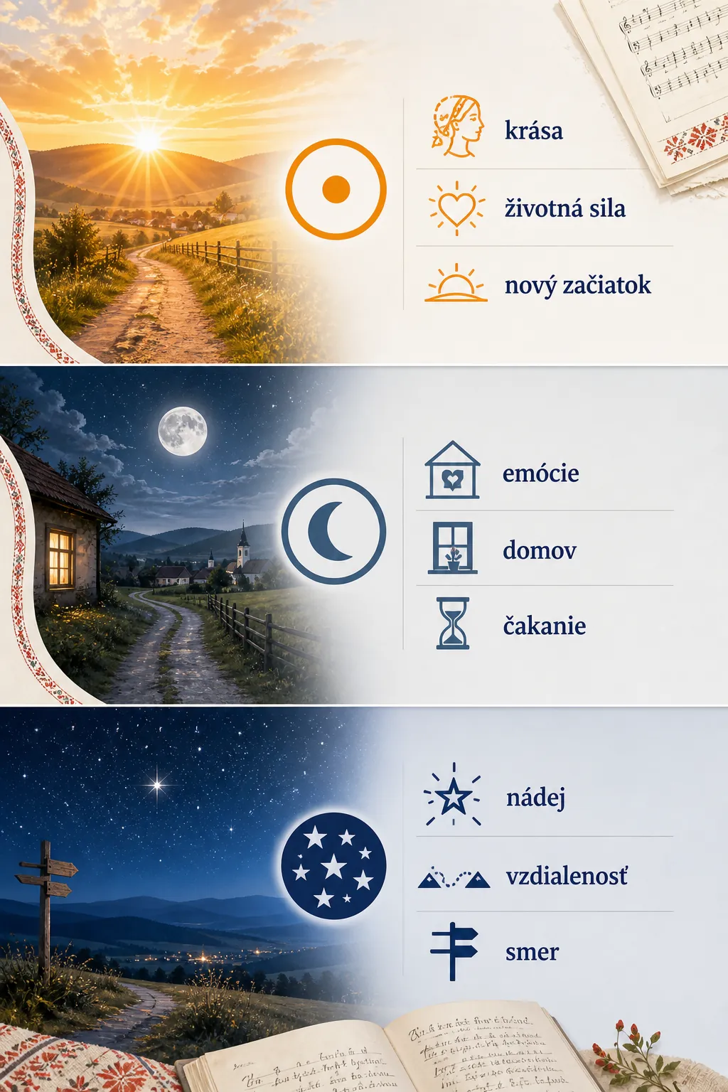 editorial infographic comparing Sun Moon and stars in Slovak folk song symbolism