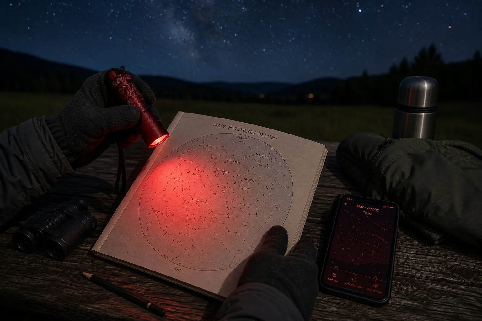 red flashlight and star map during a Slovak stargazing night