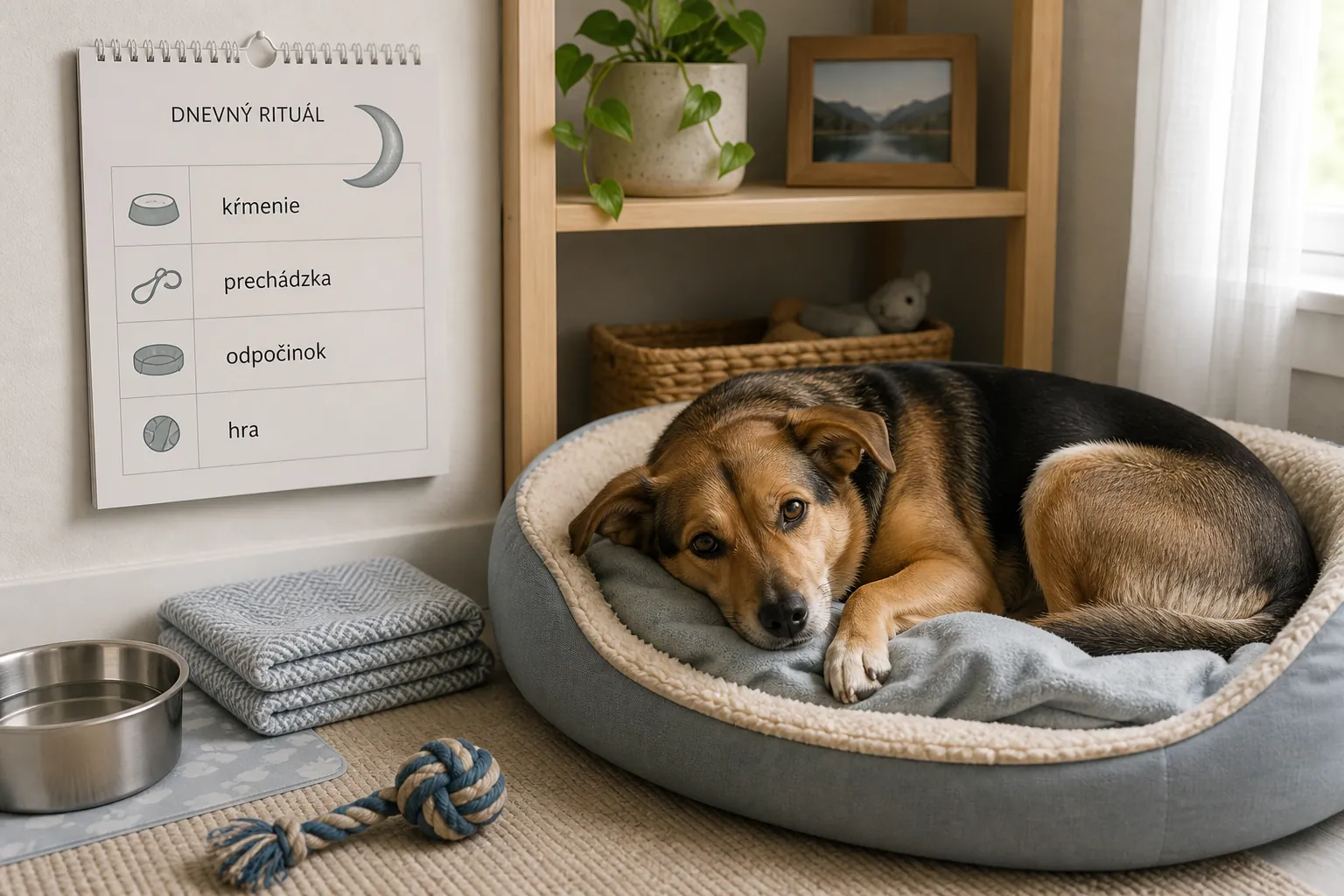 dog resting in a calm home corner with moon-inspired routine notes