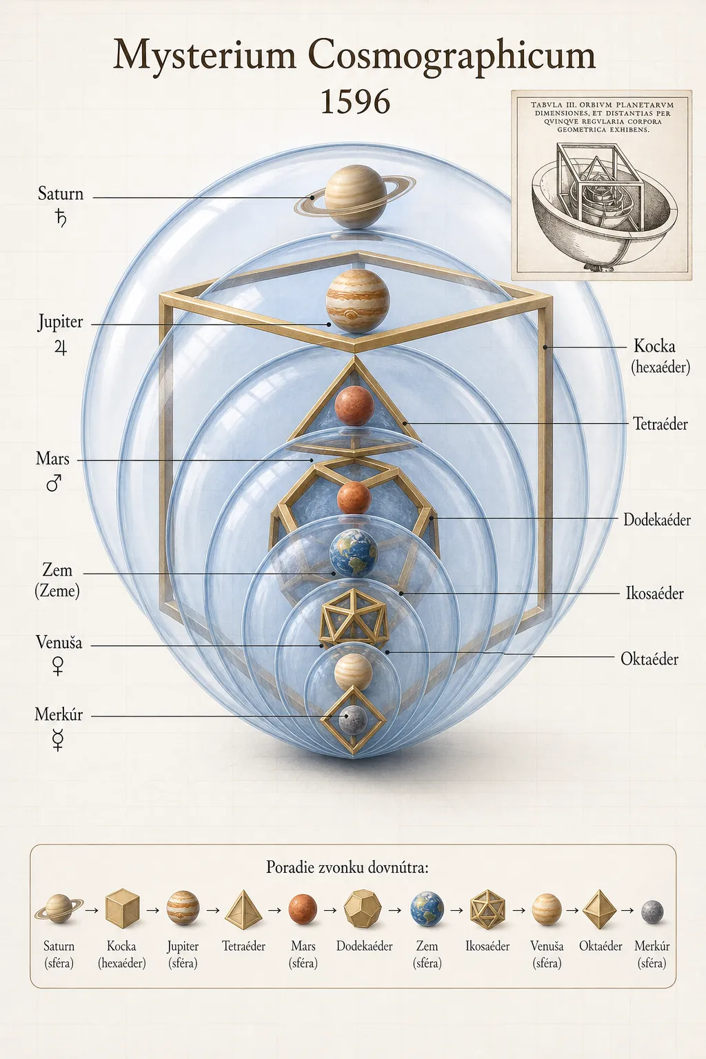 Kepler model of six planets and five Platonic solids