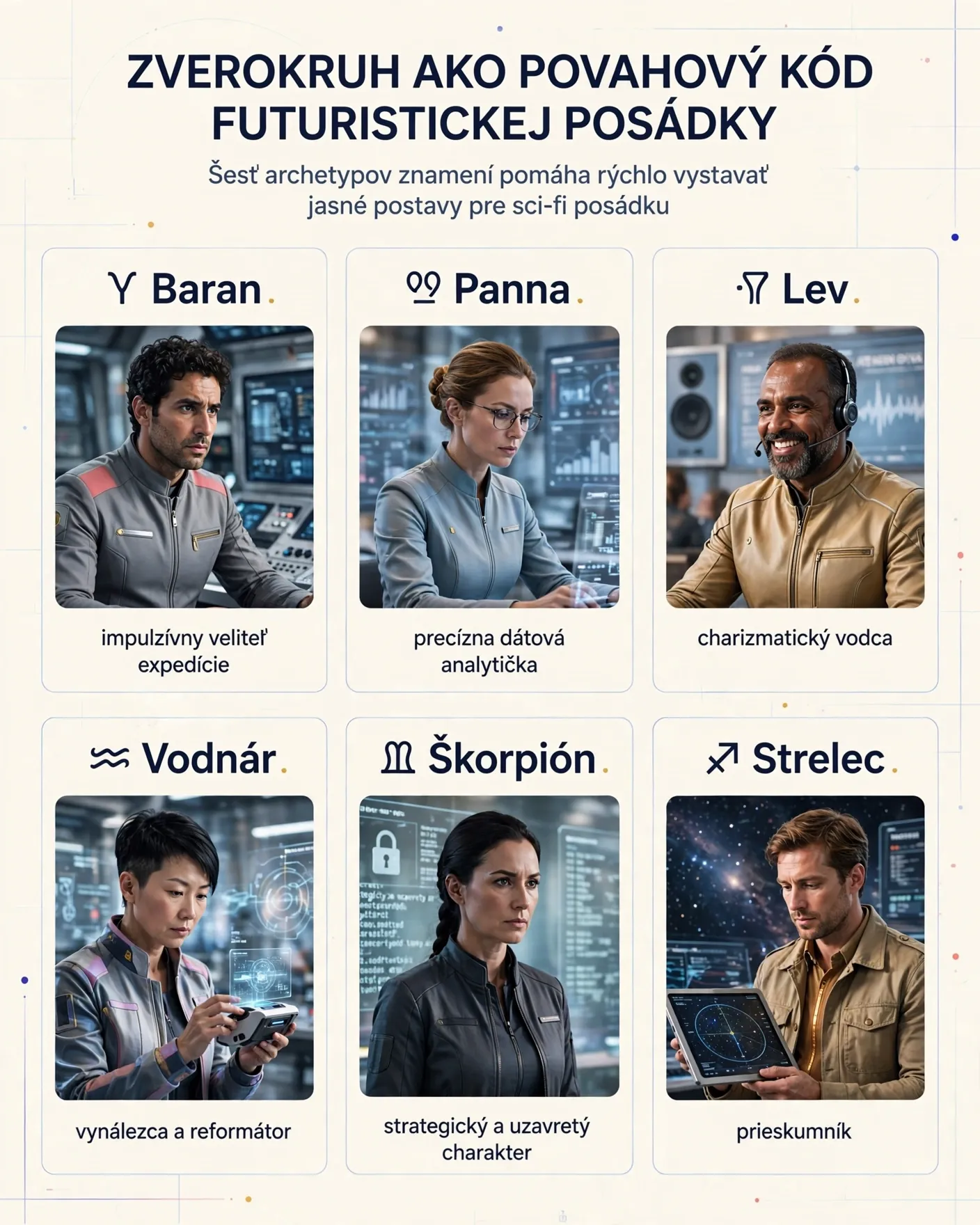 zodiac character archetypes in a futuristic crew