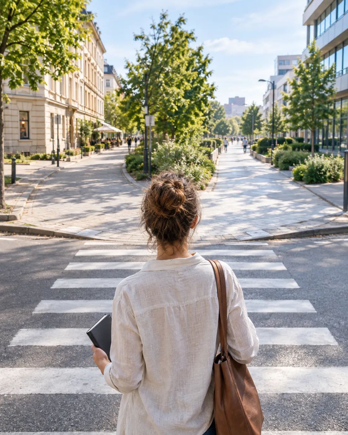 person choosing a direction at a bright city crossroads