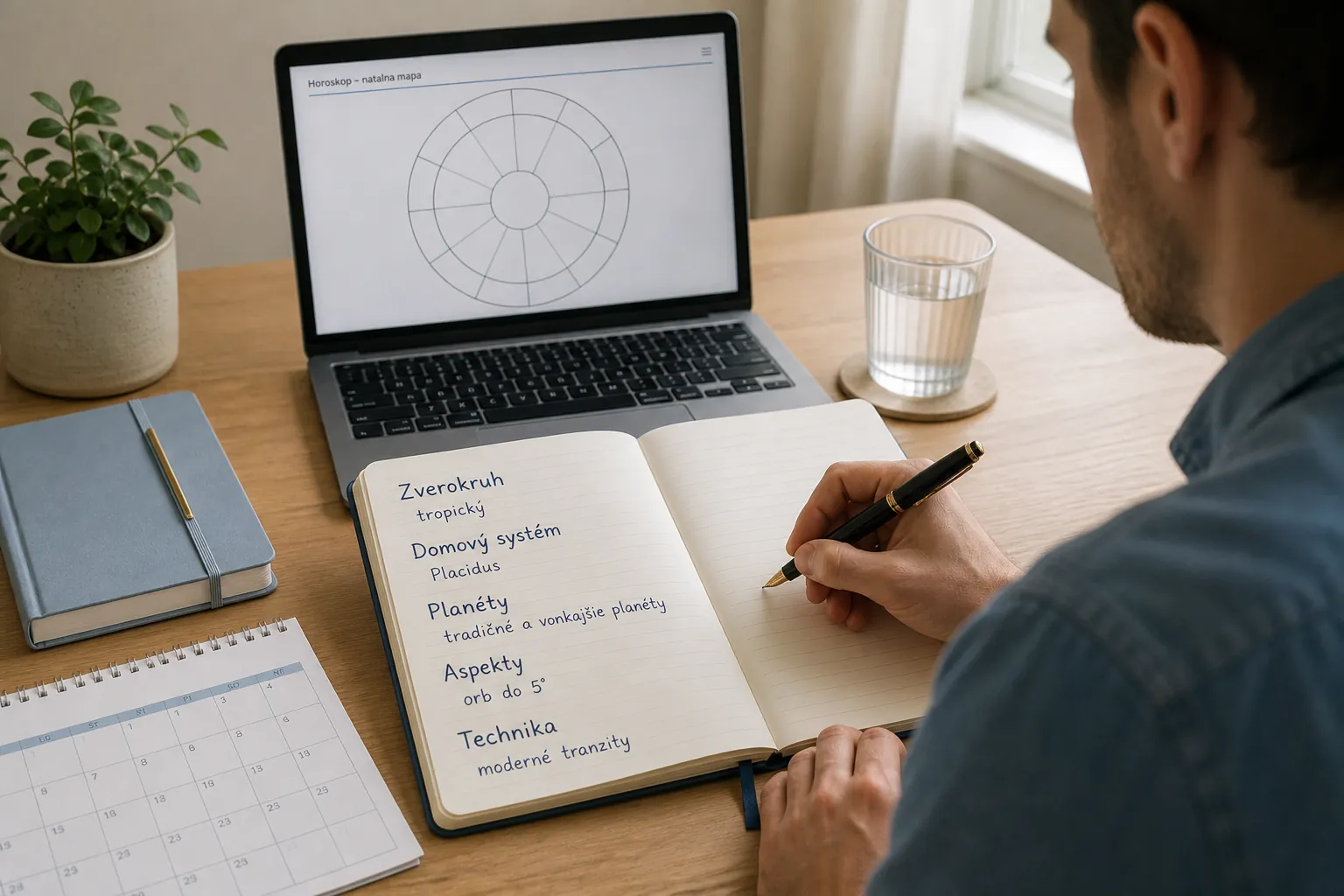 person documenting a birth chart interpretation in a notebook