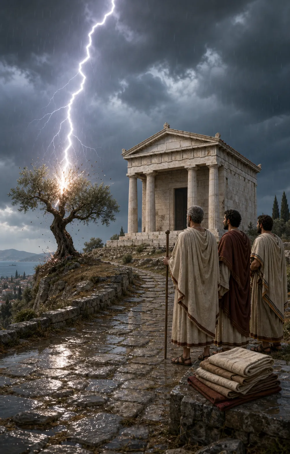 Greek temple struck by lightning with ceremonial observers