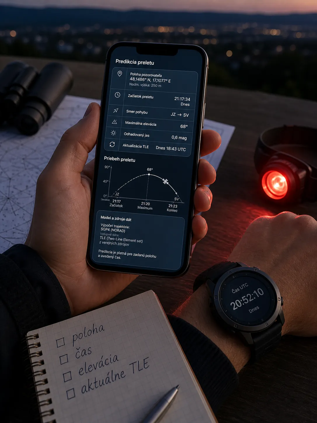 satellite tracking application used during an amateur night observation