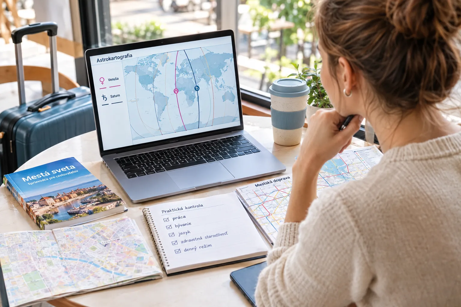 traveler comparing an astrocartography map with practical city information