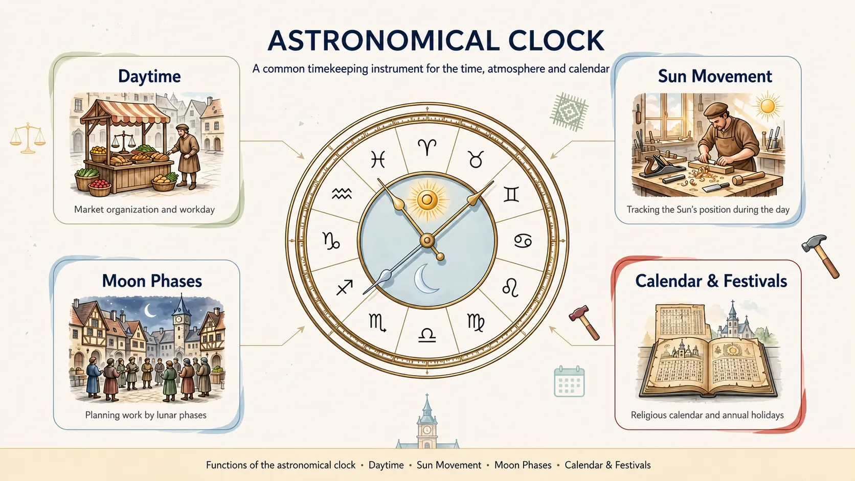 medieval town square observing an astronomical clock