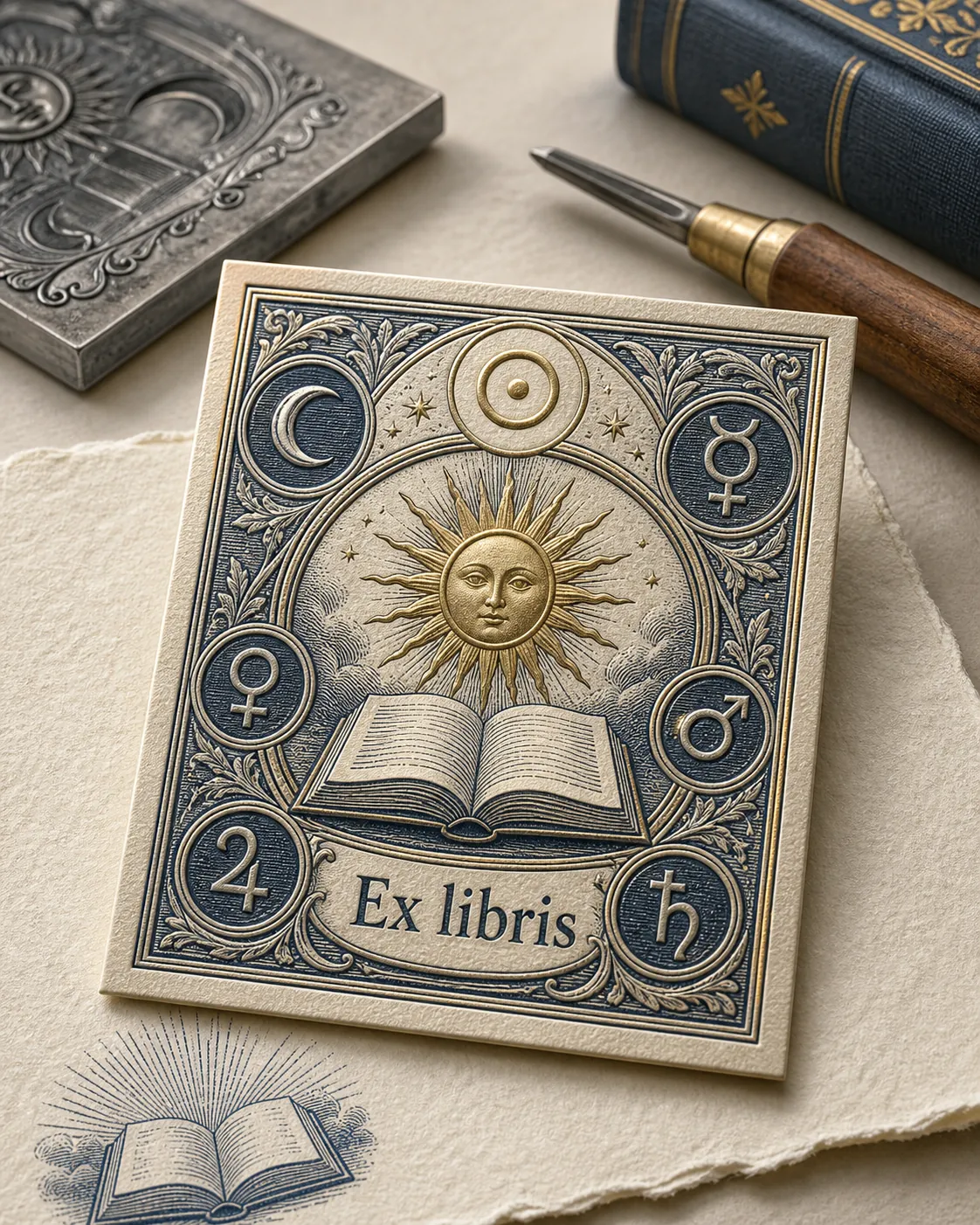 celestial bookplate with sun moon and planetary symbols