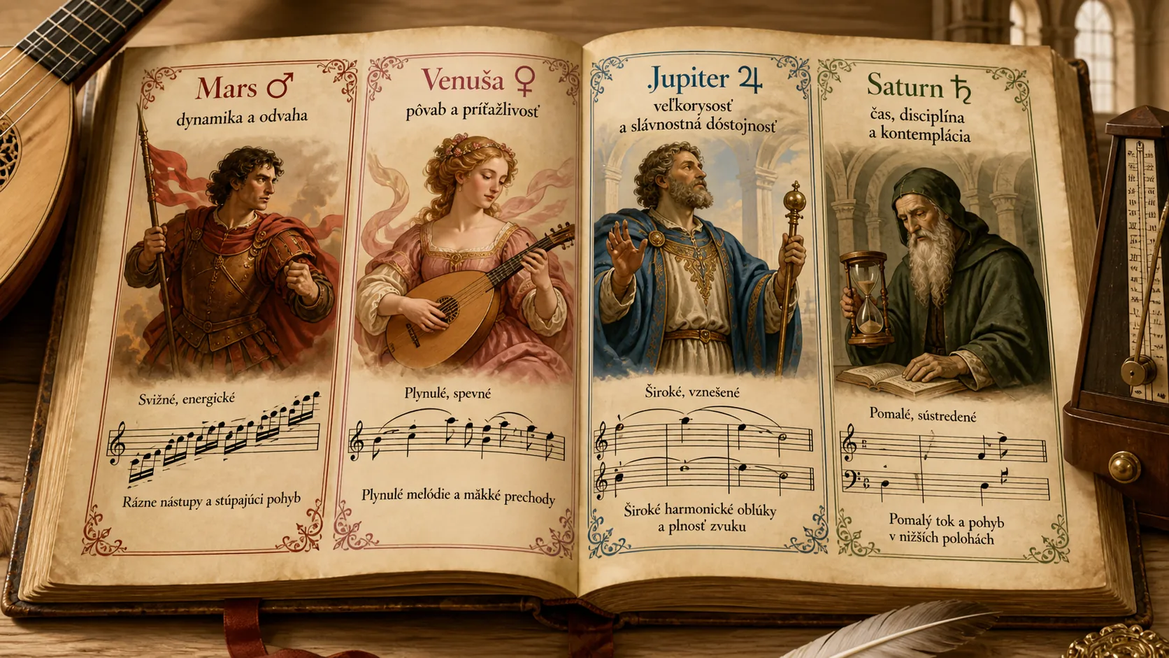 four planetary musical characters Mars Venus Jupiter and Saturn in a renaissance score