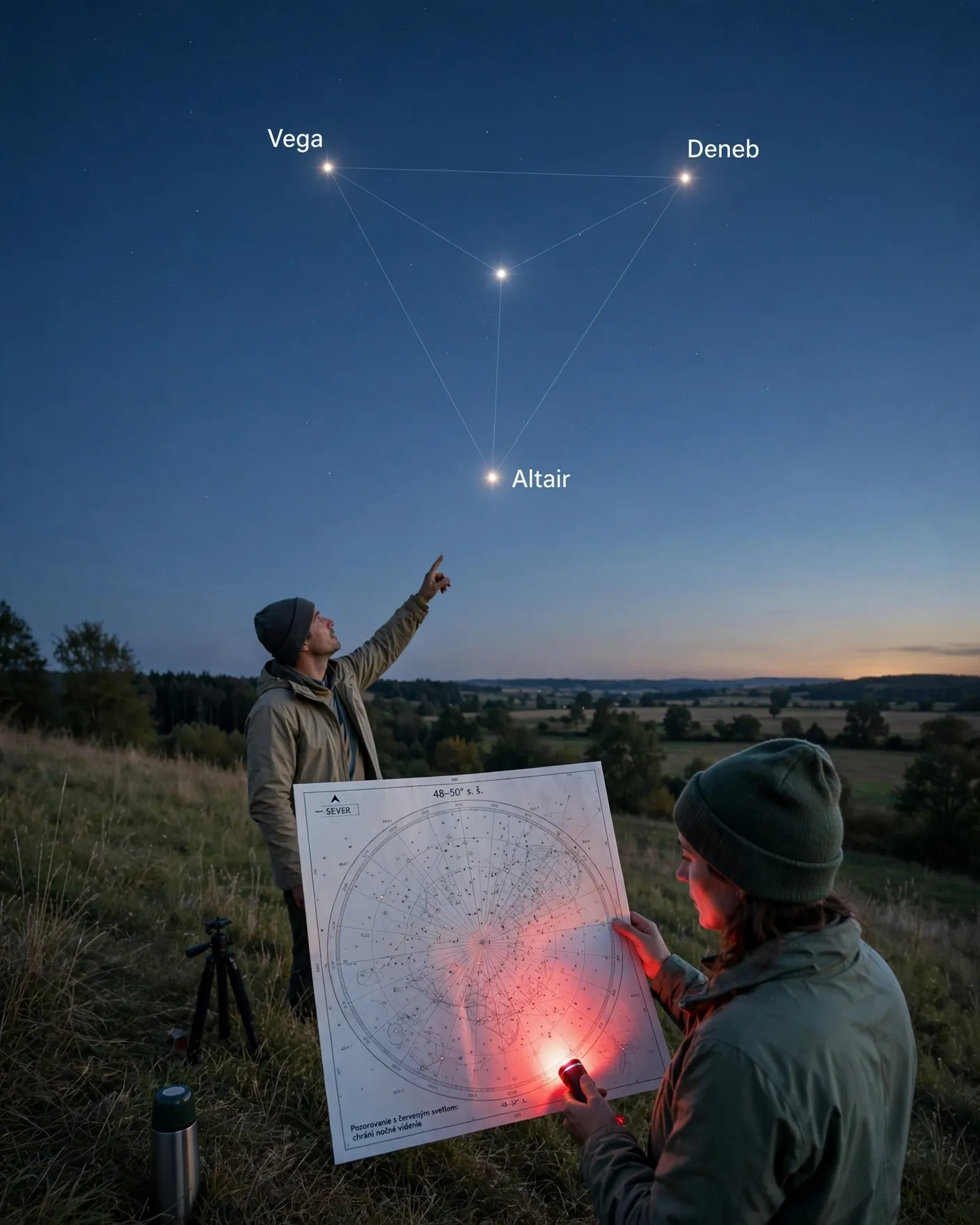 observer identifying the Summer Triangle with a planisphere in Slovakia