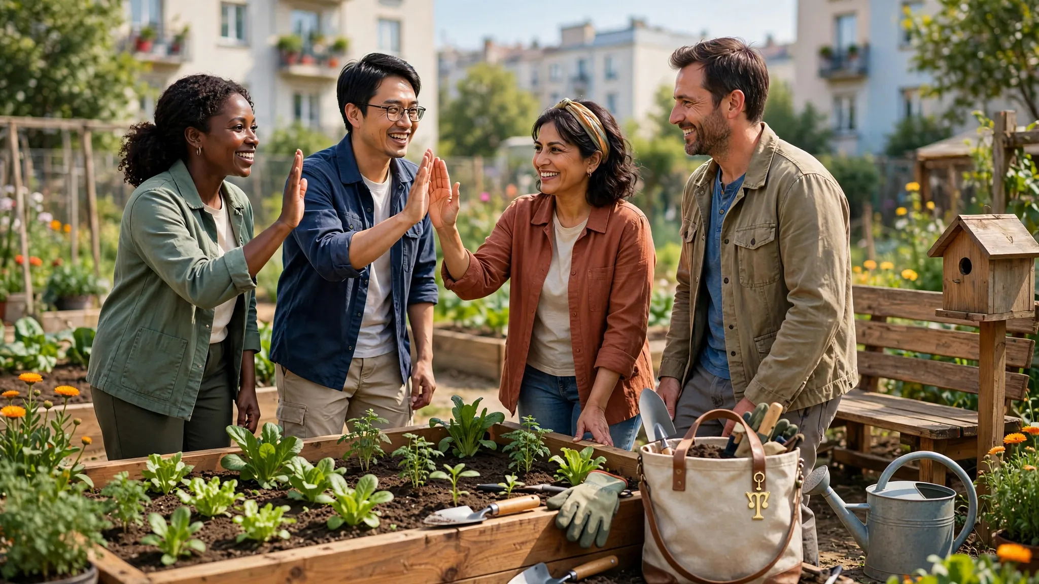 friends celebrating a shared achievement in a sunny community garden