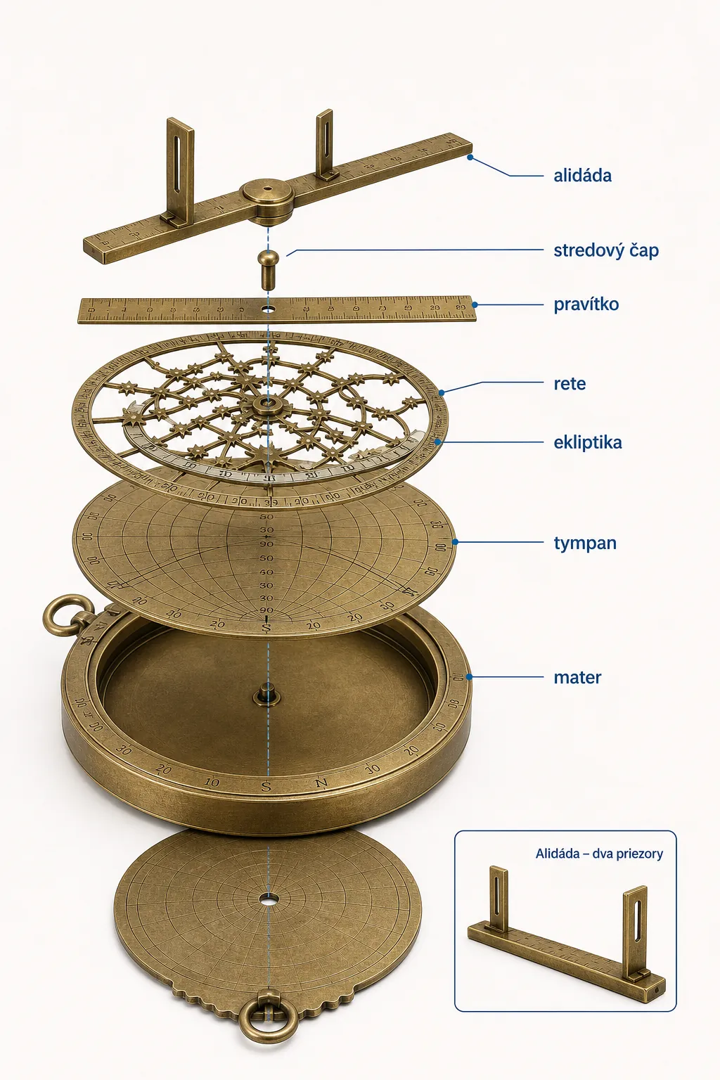 exploded construction of a planispheric astrolabe with its main parts