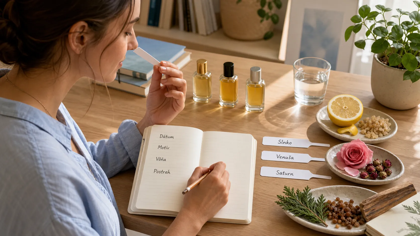 person creating a personal fragrance ritual with notebook and perfume blotters