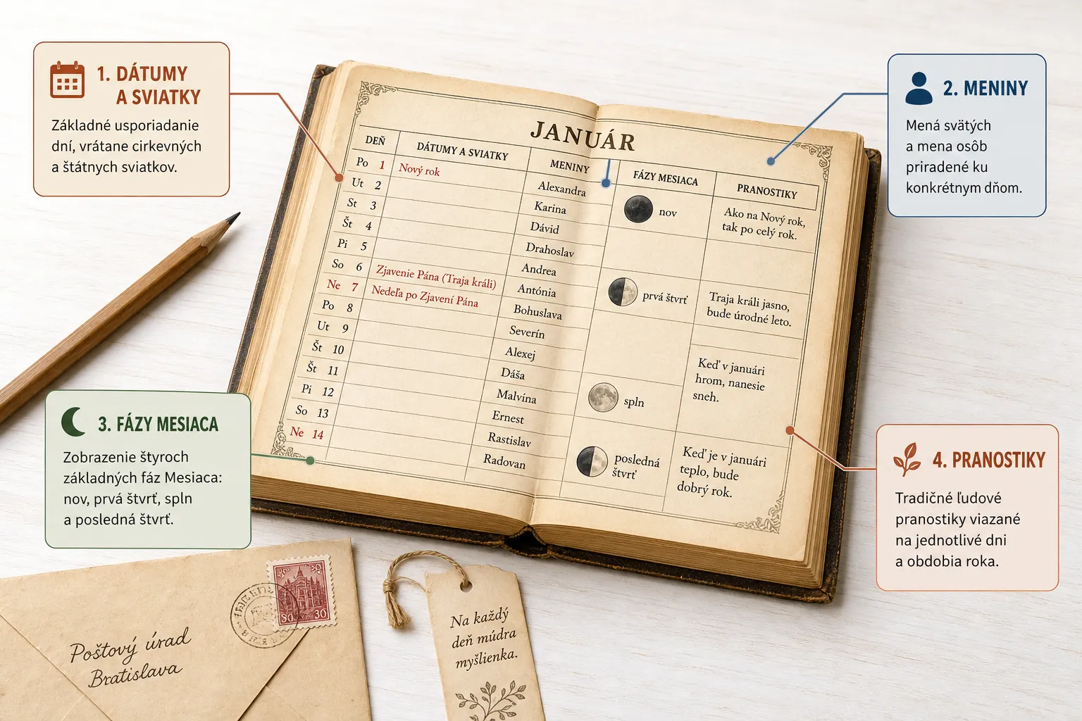 historic household calendar with moon phases and zodiac symbols