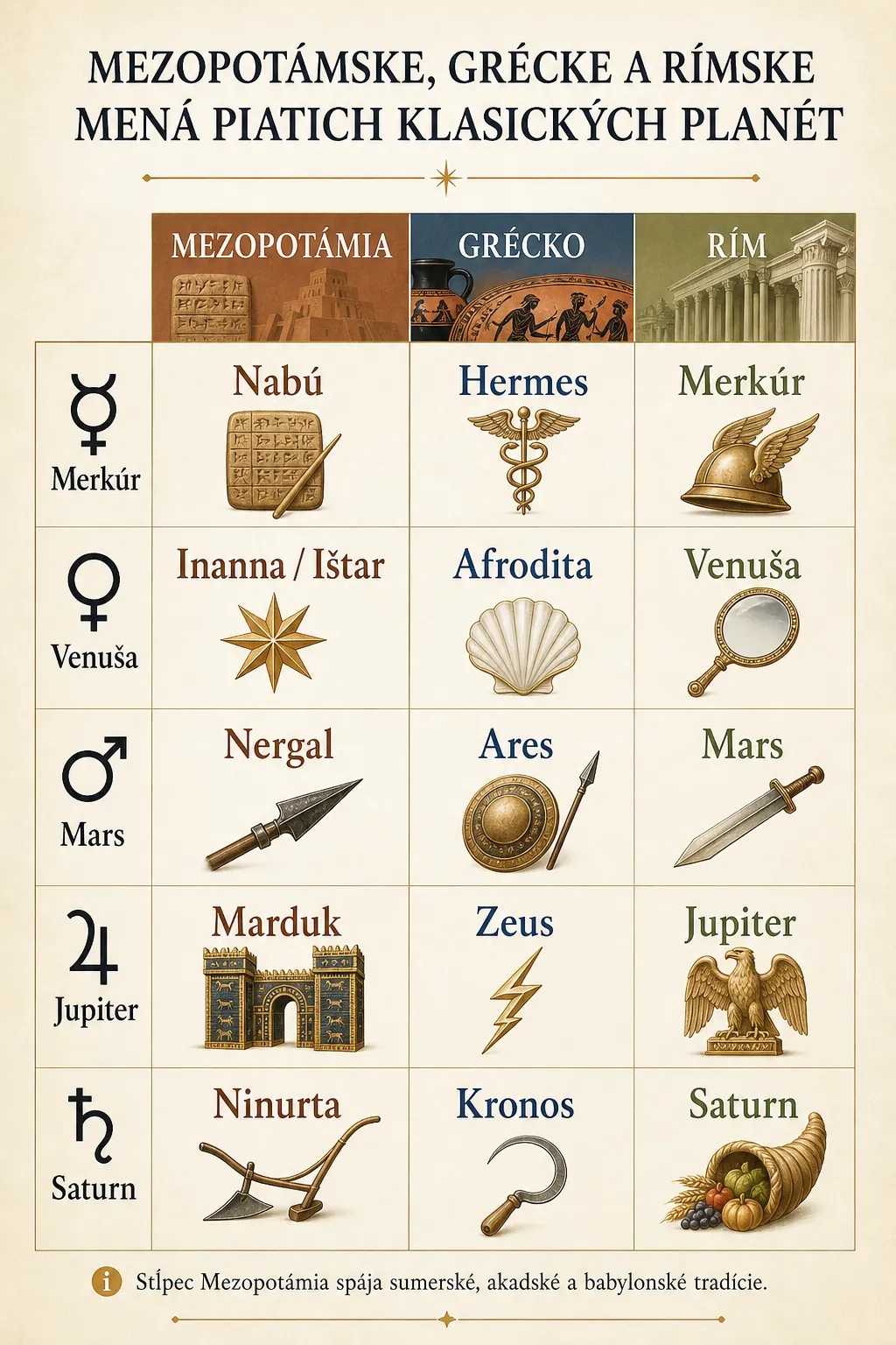 Mesopotamian Greek and Roman names of the five classical planets